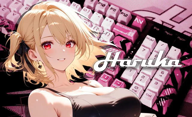 Haruka character illustration over pink keyboard artwork