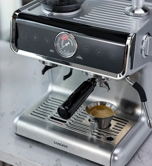 SANGKEE espresso machine photographed with a cup of coffee
