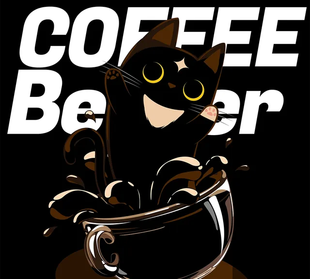 Cafemi black cat mascot jumping above a splashing coffee cup with bold white typography
