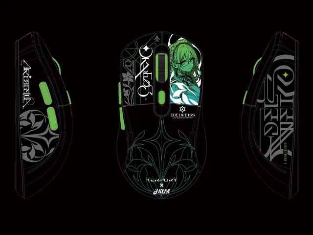 Aristella mouse design shown from both sides and above, with black surfaces, green accents and character artwork
