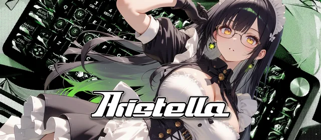 Aristella character illustration with green and black hardware graphics and the Aristella logo