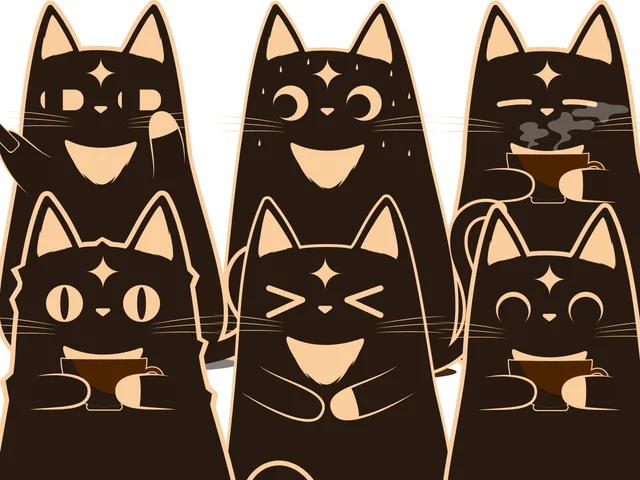 Cafemi expressions, including smiling, surprised and enjoying coffee