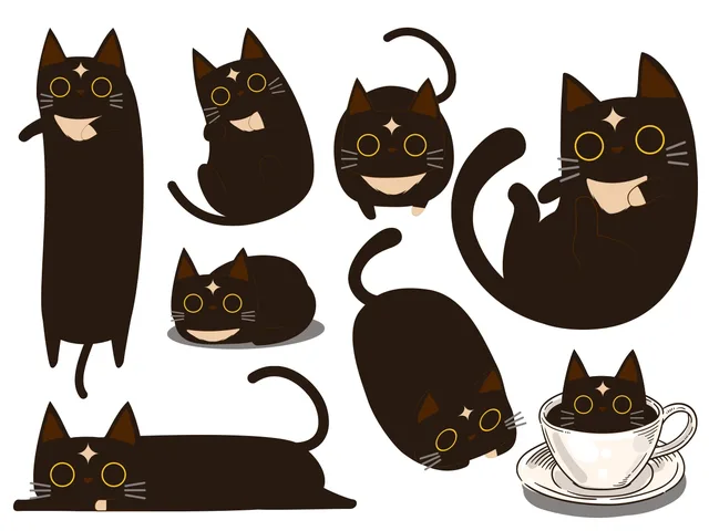 Cafemi poses, including stretching, resting and sitting in a coffee cup
