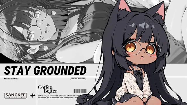 Cafemi as a black-haired cat-eared girl with round glasses in a SANGKEE Stay Grounded banner