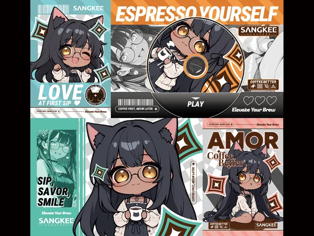 Cafemi girl coffee posters with colorful typography and coffee-cup illustrations