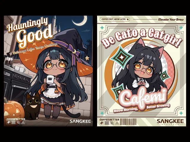 Cafemi girl Halloween coffee poster and colorful character introduction poster