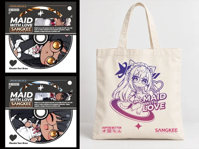 Cafemi girl Maid with Love graphics and a printed tote bag