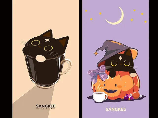Cafemi in a glass coffee cup and dressed up in a Halloween pumpkin