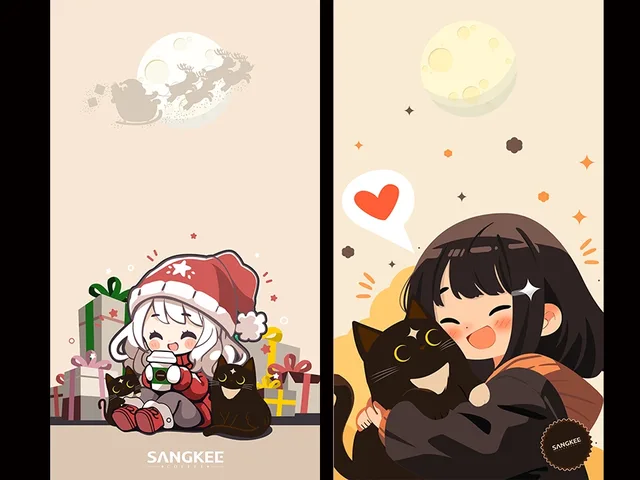 Christmas illustration and a girl hugging Cafemi beneath the moon