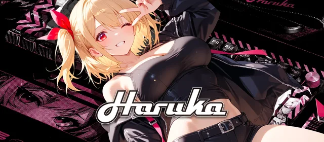 Haruka character illustration over pink and black keyboard graphics with the Haruka logo