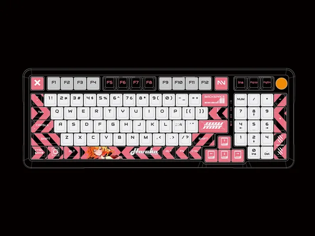 Haruka original keyboard layout with pink, black and white keycaps and an illustrated spacebar