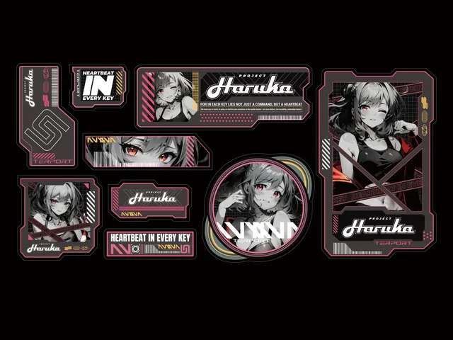 Haruka original sticker set with character portraits, pink graphic borders and Heartbeat in Every Key typography