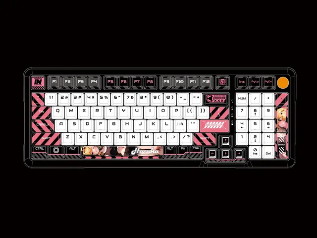 TR98H 2.0 keyboard layout with pink, black and white keycaps and Haruka illustrations on the spacebar and numpad