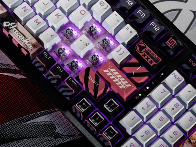 Close view of TR98H 2.0 keycap graphics, Haruka numpad artwork and multicolor backlighting