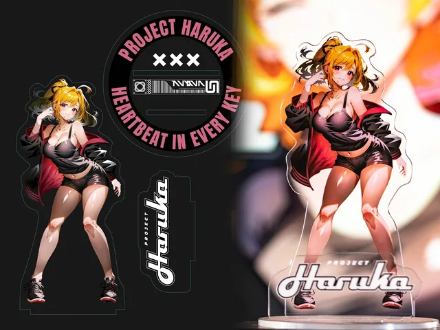 Haruka acrylic standee artwork, circular base design and a photograph of the assembled standee