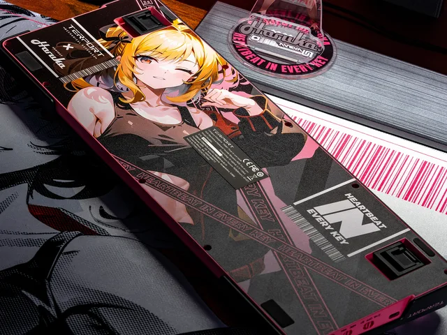 TR98H 2.0 keyboard underside with Haruka character artwork and pink Heartbeat in Every Key graphics