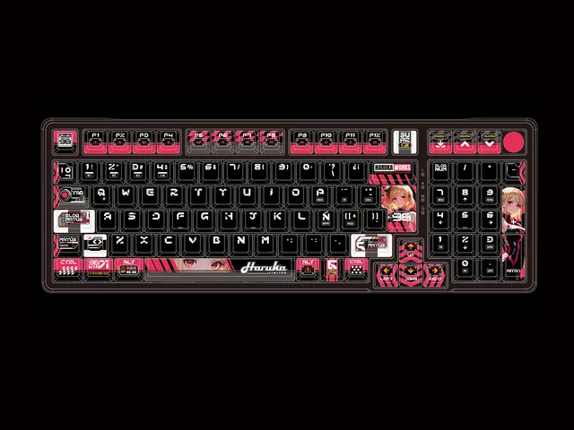 TR98H 3.0 keyboard design preview with black keycaps, pink and white accents and Haruka character artwork