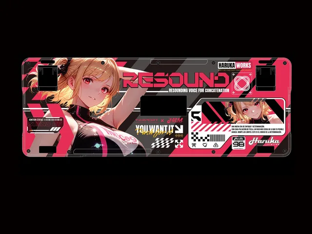 TR98H 3.0 keyboard underside design preview with Haruka artwork, pink racing graphics and Resound typography