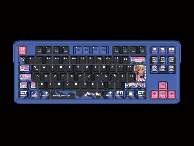 TR88H keyboard layout with a blue case, black keycaps, pink arrows and Haruka artwork on the Enter key
