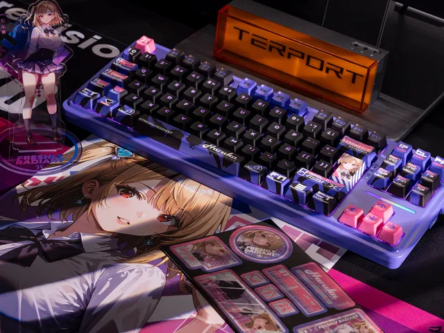 TR88H keyboard displayed with matching Haruka standee, sticker set and character mousepad