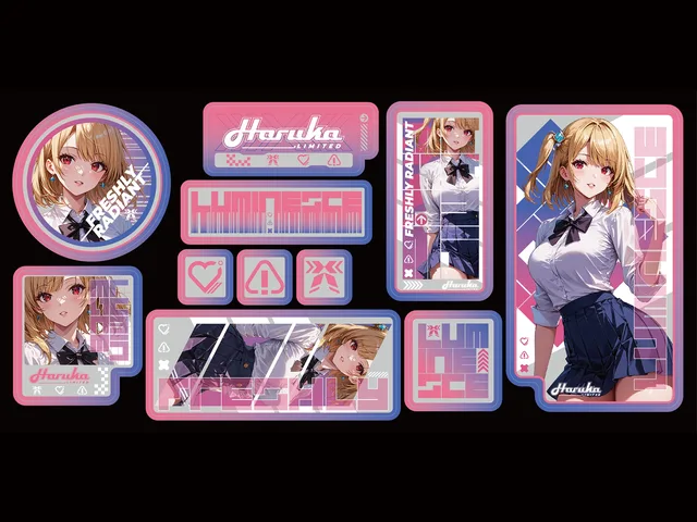 TR88H Haruka sticker set with school uniform character portraits, pink and blue borders and Freshly Radiant typography