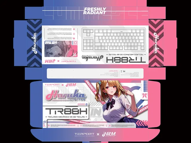 TR88H packaging dieline with Haruka character artwork, pink and blue gradients and the Freshly Radiant identity