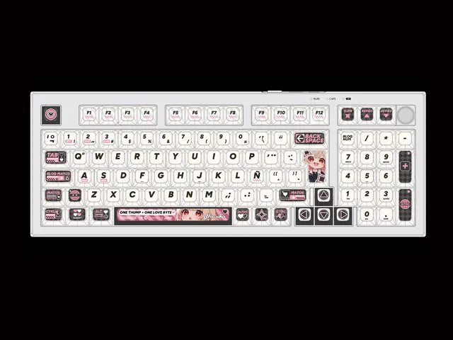 Q98 Chibi Haruka keyboard layout with white keycaps, black and pink accents, heart motifs and chibi character artwork