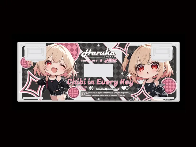 Q98 keyboard underside design featuring two Chibi Haruka illustrations, pink hearts and Chibi in Every Key typography