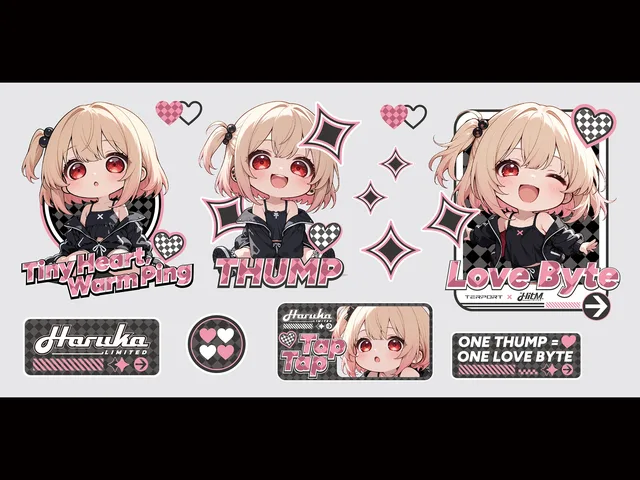 Chibi Haruka sticker set with three character expressions, heart and diamond motifs and pink typography