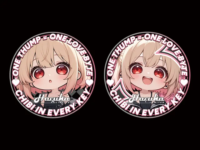 Two circular Chibi Haruka badge designs with character portraits and One Thump One Love Byte lettering