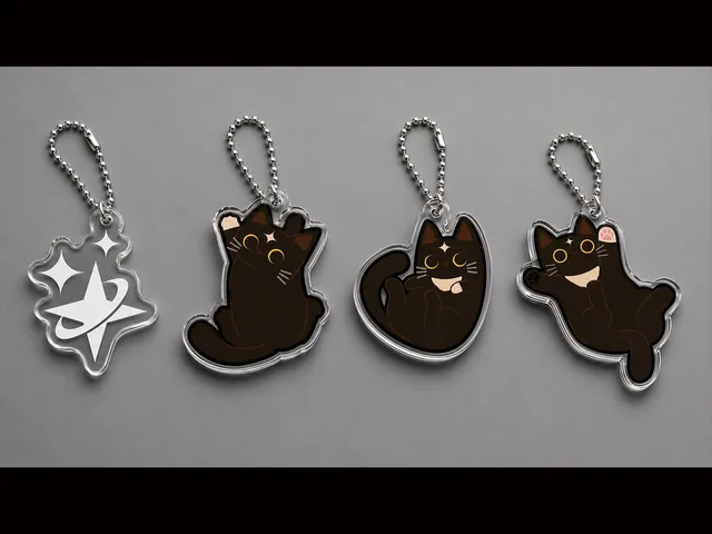 Cafemi acrylic keychains in three poses alongside a coffee-themed charm