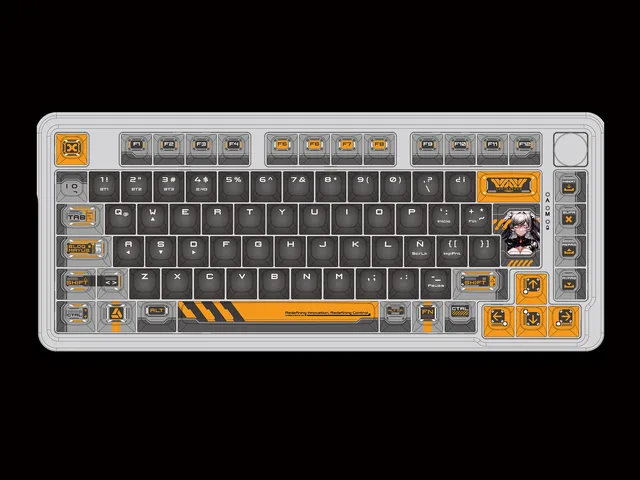 Kisari keyboard layout with gray and black keycaps, orange accents and character artwork on the Enter key