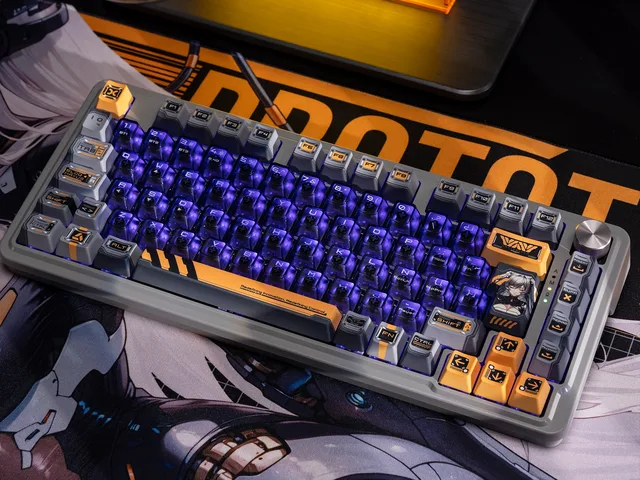 Kisari keyboard with purple backlighting and orange accents photographed on a character mousepad
