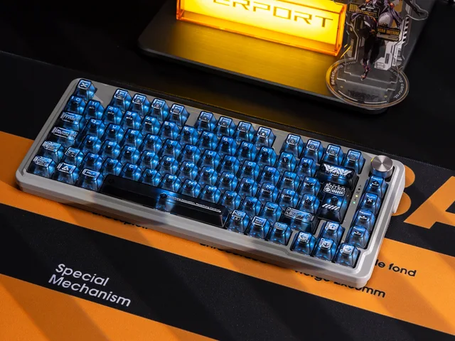 Kisari keyboard with translucent keycaps and blue backlighting beside its character standee