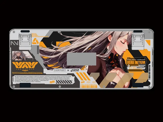 Kisari keyboard underside design with silver-haired character artwork, orange and gray graphics and LuminaTech branding