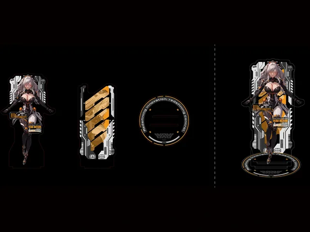 Kisari acrylic standee artwork showing front and back designs, circular base and assembled display