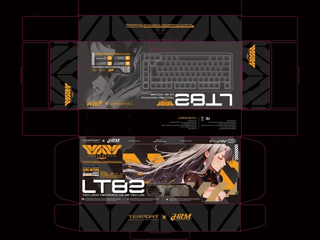Kisari LT82 packaging dieline with orange and black graphics, character artwork and LuminaTech branding