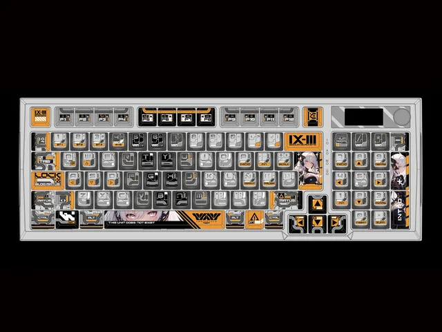 LT98 Kisari keyboard design preview with gray, black and orange keycaps and character artwork on the Enter key and numpad