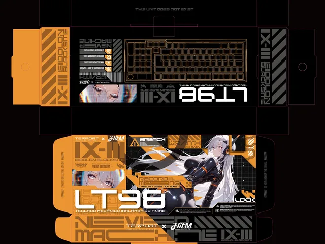 LT98 packaging dieline with orange and black graphics, Kisari character artwork and Eidolon Blacksite typography