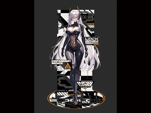 Kisari acrylic standee design preview with a futuristic character illustration, orange accents and an Eidolon Blacksite base
