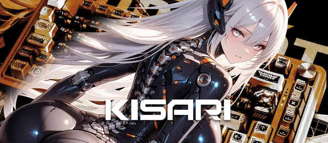 Kisari character illustration with orange and black keyboard graphics and the Kisari logo