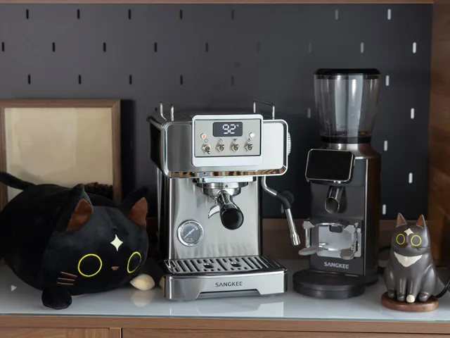 Cafemi plush beside a SANGKEE espresso machine and coffee grinder