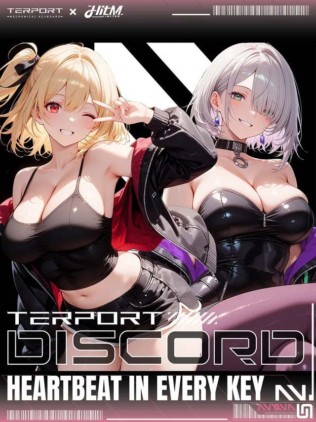 HITM Discord community poster featuring Haruka and Yoru with bold black and white typography