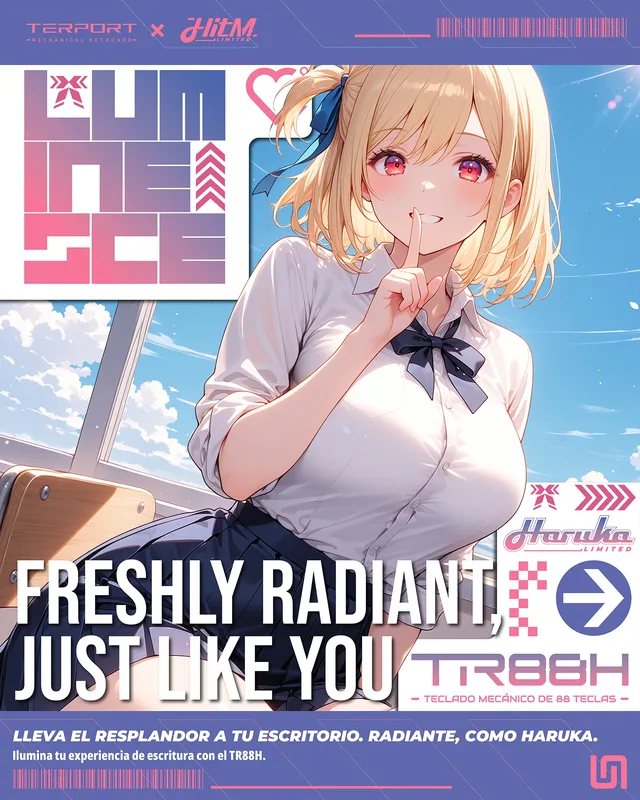Haruka TR88H launch poster with a classroom illustration and pink and purple graphic accents