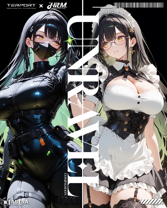 Aristella teaser poster pairing her futuristic and maid character designs with green accents