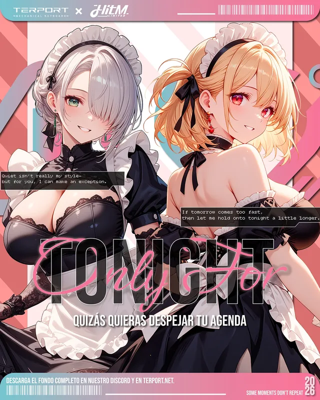 HITM poster featuring Yoru and Haruka in maid outfits against pink and teal graphics