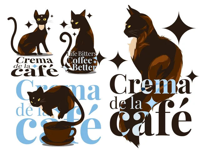 Early Cafemi cat illustrations with coffee-themed typography