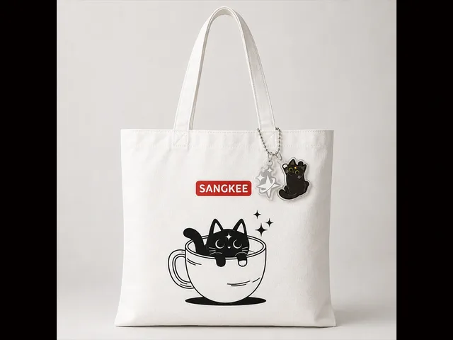 White SANGKEE tote bag with Cafemi coffee-cup artwork and acrylic keychains