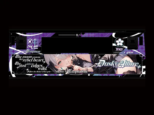 Yoru keyboard underside design with character artwork, purple and cyan graphics and Dusky Allure typography