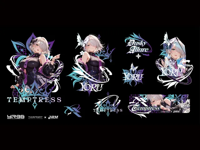 Yoru sticker set with character portraits, butterfly motifs and purple, cyan and white graphics